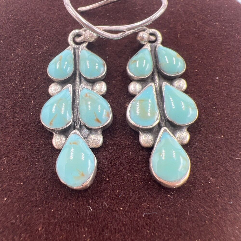 Vintage Sterling Silver Turquoise Tiered Dangle Earrings Mexico 1-1/2" Leaf